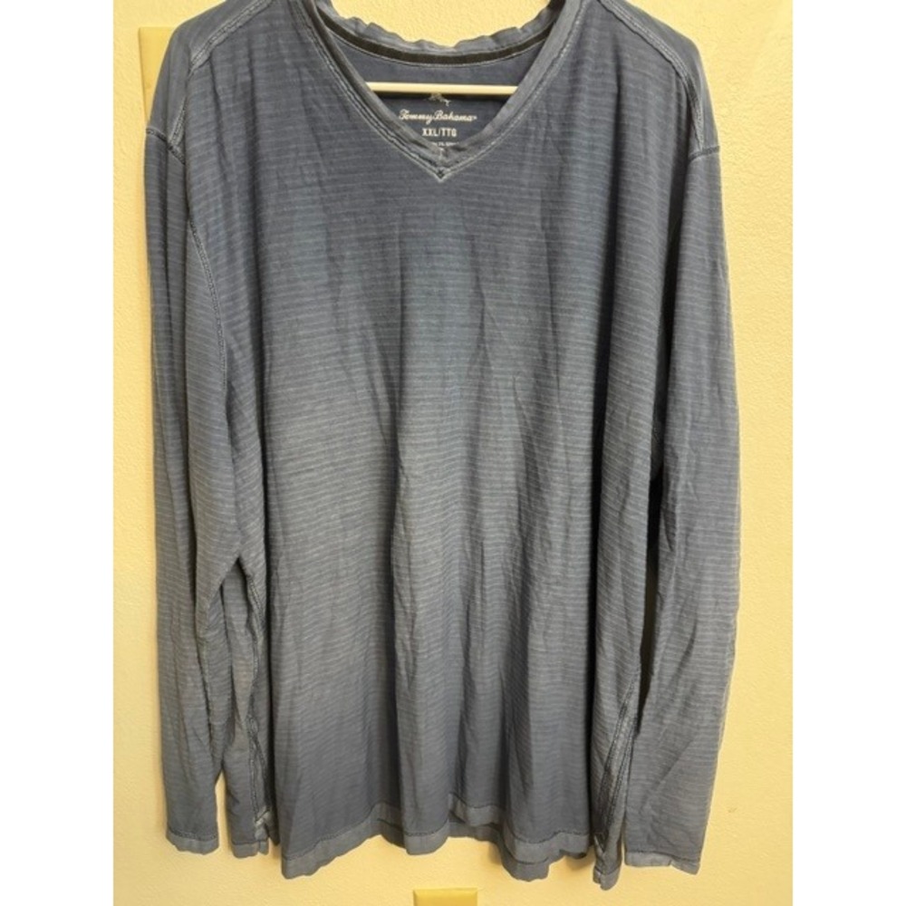 Tommy Bahama Mens XXL Long Sleeve V-Neck T-Shirt Blue Striped Cotton Blend (G)